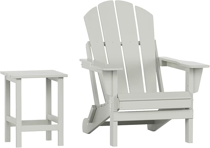 WO Home Furniture Adirondack Chair Table Set of 2 PCS Outdoor Folding Chair w Side Table Weather/UV Resistant for Lawn, Garden, Bon Fire, Balcony (Sand)