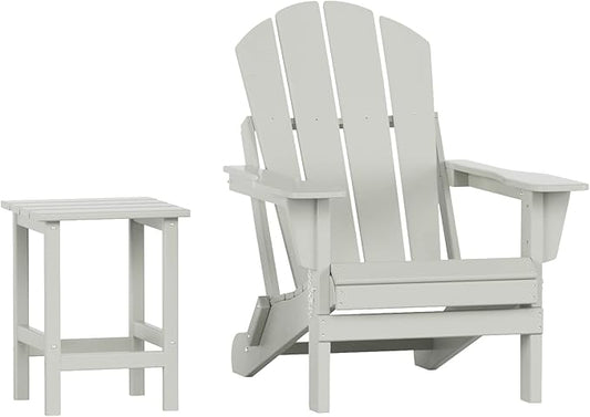 WO Home Furniture Adirondack Chair Table Set of 2 PCS Outdoor Folding Chair w Side Table Weather/UV Resistant for Lawn, Garden, Bon Fire, Balcony (Sand)