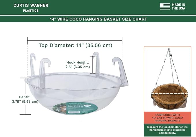 Curtis Wagner Plastics Wire Coco Hanging Basket Drip Pans (5-Pack) | Clear, Round (12” - 14" Top, 3.75" Depth) Hanging Plant Tray Saucer with Built-in Hooks & Water Catcher for Indoor & Outdoor