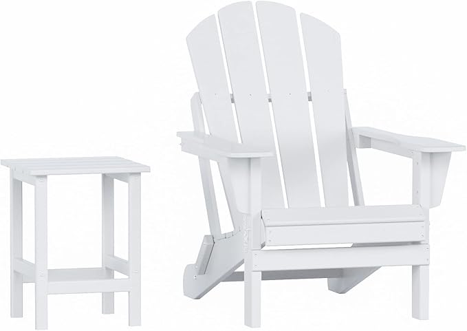 WO Home Furniture Adirondack Chair Table Set of 2 PCS Outdoor Folding Chair w Side Table Weather/UV Resistant for Lawn, Garden, Bon Fire, Balcony (White)