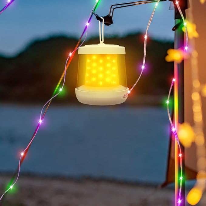 UniqueFire Portable 2-in-1 Camping Lantern & String Lights, Rechargeable LED Tent Lantern with RGB String Lights for Camping, Party, Garden & Yard Outdoor Decoration