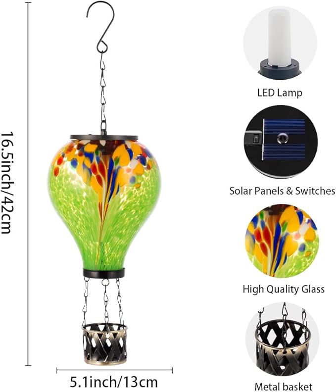 Starsoul Hot Air Balloon Solar Lantern Tie-Dye Style Glass Outdoor Solar Hot Air Balloon Lantern with Flame Light Waterproof Hanging Solar Lantern for Garden Yard Patio Decor