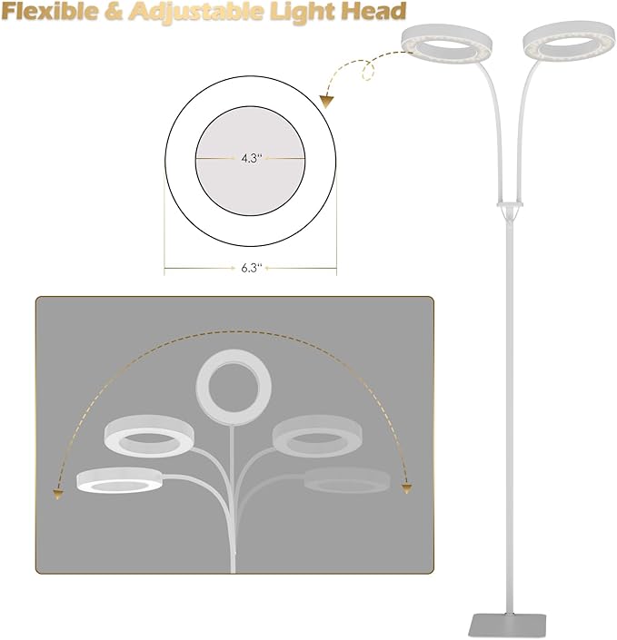 GLOWRIUM Grow Light with Stand,2-Head LED Plant Light for Indoor Plants, Full Spectrum Grow Lamp, 3/9/12H Timer, 6 Dimmable Levels, 3 Lighting Mode, Adjustable Height White