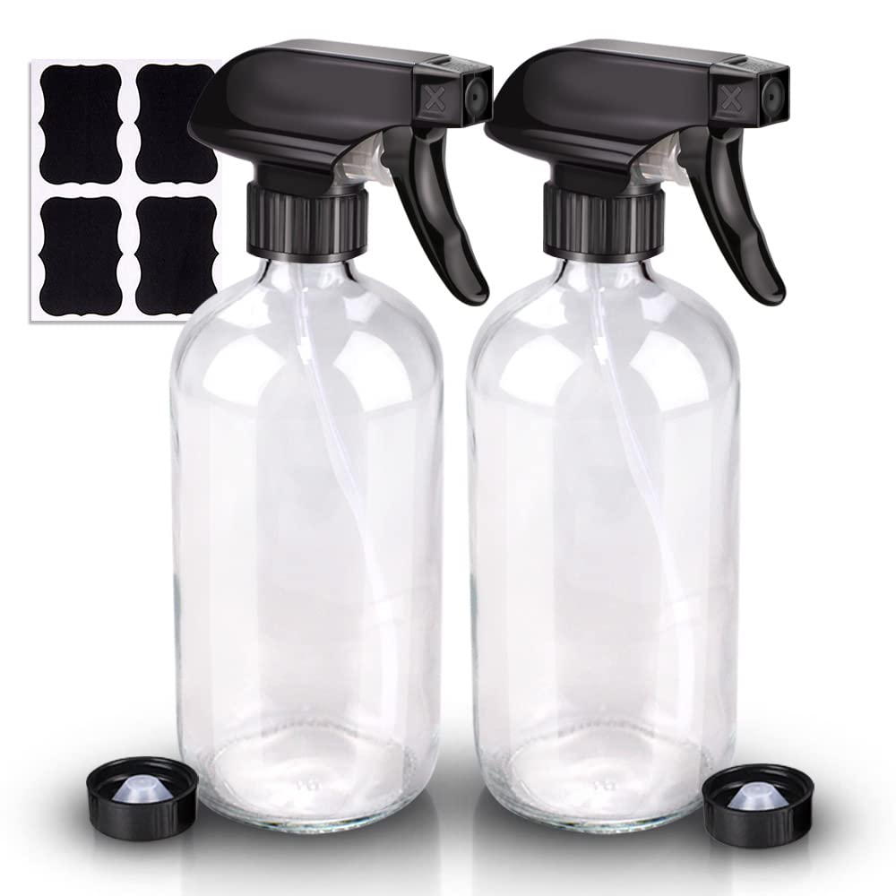 Wedama Glass Spray Bottle, 2 Pack Clear 16 oz Glass Spray Bottles for Cleaning Solutions and Essential Oils, Refillable Empty Spray Bottle with Adjustable Nozzles for Alcohol, Plant and Hair Care