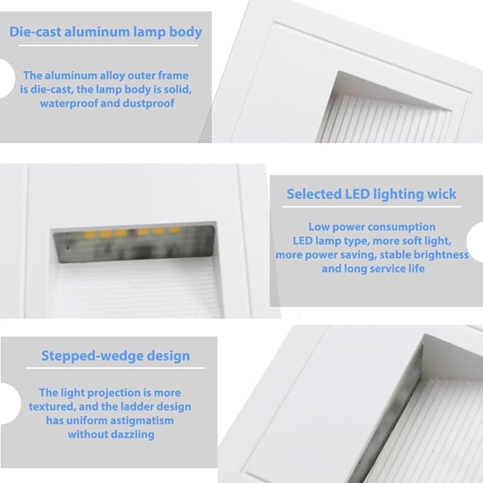 1pcs/3W Wall Recessed Stair Lights LED,Warm White,Indoor Step Light,Square Recessed Wall Light,White Cover Staircase Light IP20 for Indoor Stairs, Home, Kitchen, Attic, Aisle