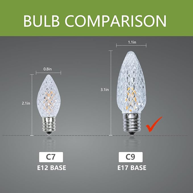 25Pack C9 Christmas LED Light Bulbs, Strawberry Replacement Bulb 2200K Warm White Shatterproof & Waterproof Outdoor String Light Bulbs, E17 Candelabra Base Edison Bulbs for Holiday Decoration