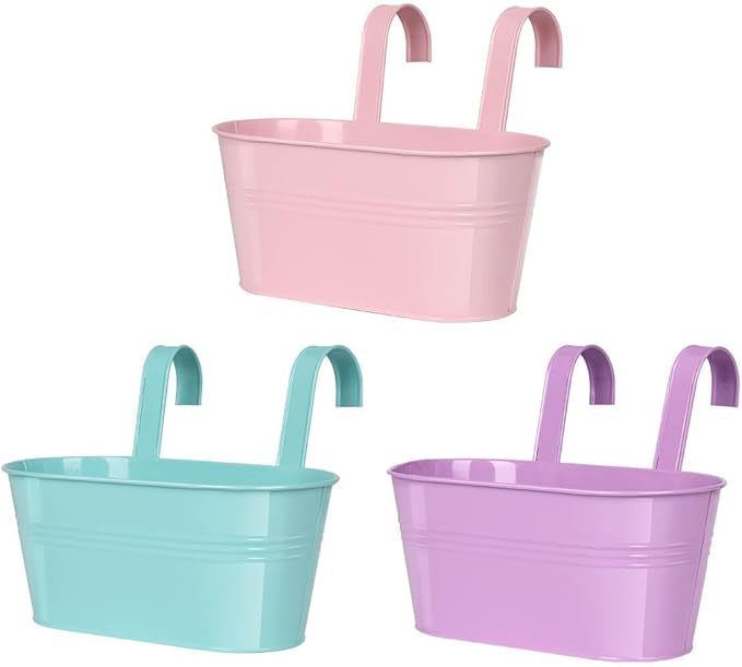 vensovo Metal Railing Planter for Outdoor Plants - 3 Pack Balcony Hanging Flower Pots with Detachable Hooks and Drain Holes Oval Bucket Rail Box Fence Planters for Home Garden Decor, Purple Pink Blue