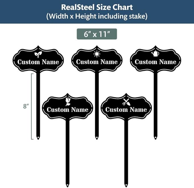 RealSteel – Customizable Seed & Plant Markers - Outdoor Herb Garden Stakes - Elegant Fruit/Vegetable Labels - Steel Plant Tags for Pots - Classy Design for Farmhouse/Greenhouse – Watering Can Icon