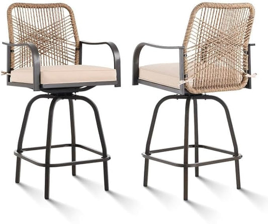Outdoor Bar Stools Set of 2, Patio Swivel Counter Height Rattan Bar Stools, Patio Wicker Bar Swivel Chairs with Cushion, Outdoor Pool Bar Chairs for Backyard Garden Balcony w /360 Rotation