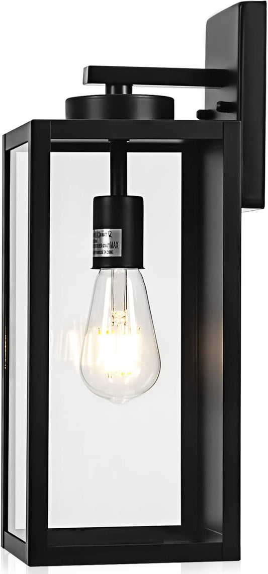 Outdoor Wall Light Fixture, Large 16" Exterior Black Lantern Waterproof, Farmhouse Porch Sconce Lighting with Glass, Modern Wall-Mounted Outside Lights for House, Garage, Patio Lamp