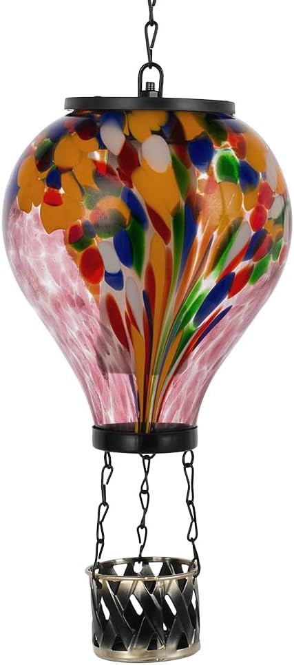 Starsoul Hot Air Balloon Solar Lantern Tie-Dye Style Glass Outdoor Hot Air Balloon Solar Flickering Flame Light Waterproof Hanging Lantern for Garden Yard Patio Decor