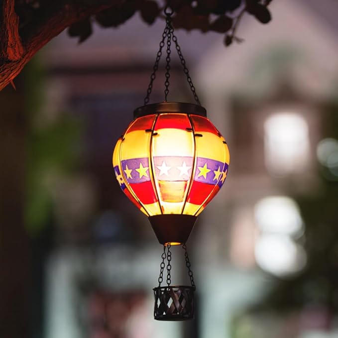 DREAMSOUL Flag Hot Air Balloon Solar Lantern, Glass Solar Lantern with Flickering Flame, Hanging Waterproof Solar Lanterns Outdoor Flag Day for Patio Decor, Fourth of July Decorations Christmas Gifts