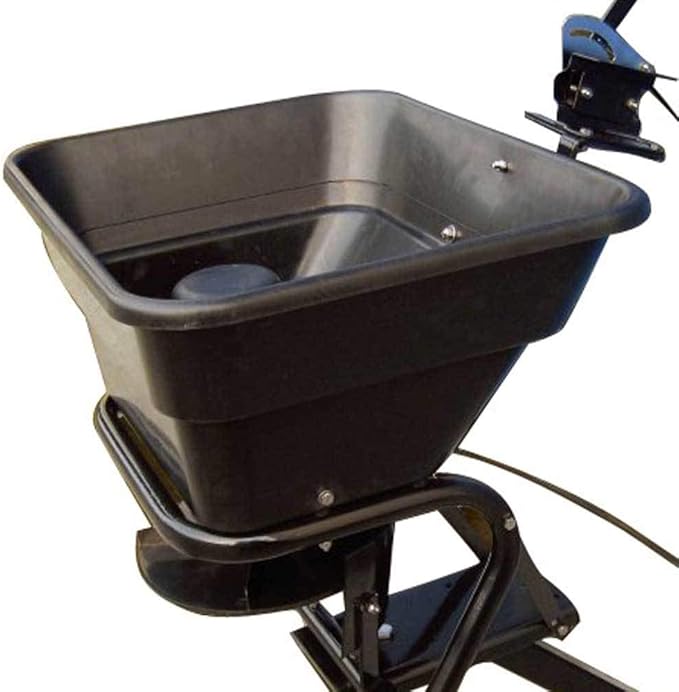 Field Tuff 12V 80 Pound Capacity Grass Seed Fertilizer Spreader with Hitch Mount Receiver and Rain Protector for ATV, UTV, or Utility Tractor