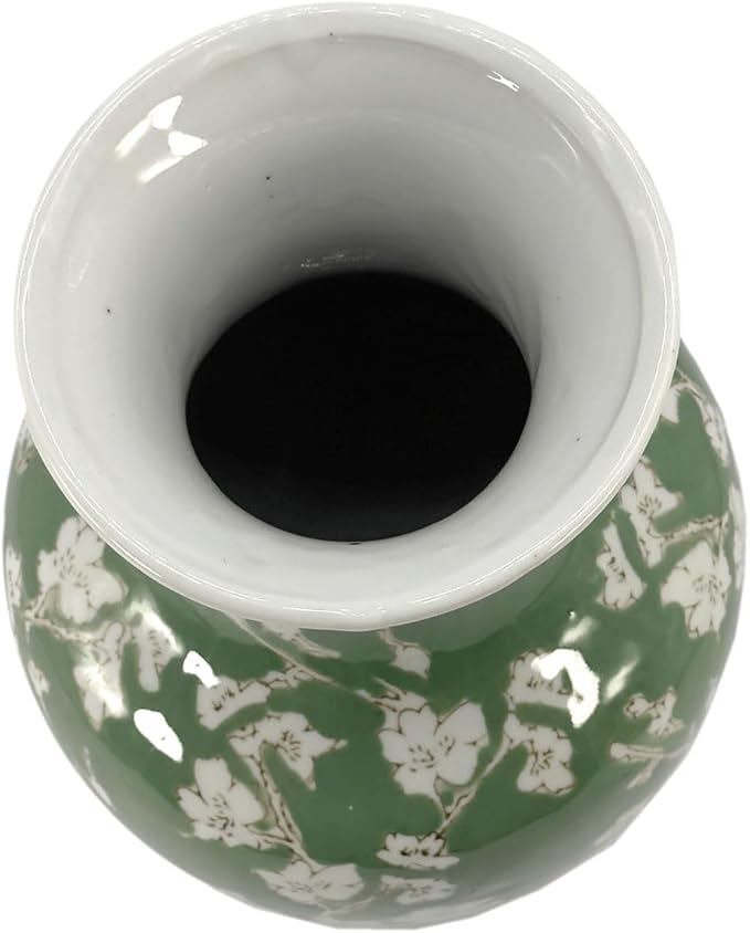 Galt International Floral Chinoiserie Ceramic Vase 14" - Green Sakura Hand Painted Antique Style Porcelain Flower Bottle Fishtail Porcelain Chinese Vase for Home Decor Centerpiece