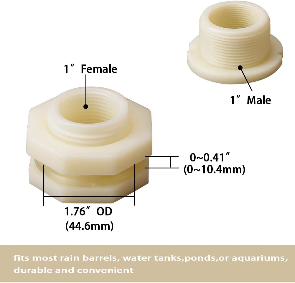 1" Female ABS Bulkhead Fitting, Plastic Water Tank Connector Adapter Fitting with Plugs for Outdoor rain Barrel Garden Hose Adapter Spigot kit Water Tank Gallon Drain Bucket(Set of 4)