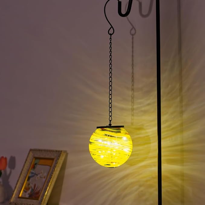 Solar Lanterns Outdoor Waterproof LED Lights 4.7" Glass Hanging Solar Lights with Metal Chain,Gazing Globe Ball Outdoor Decorative Lantern for Patio Pathway Yard Garden Decor(Yellow)