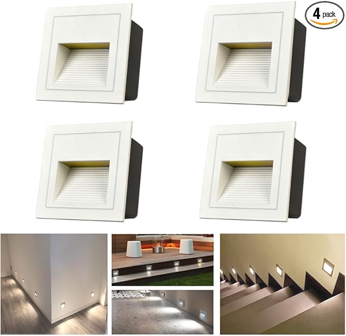 4Pcs 3W LED Step Light, Cool White 6000K IP65 Waterproof Recessed Wall Light, Stair Light Staircase Light Lighting lamp, Inside Outside Garden Balcony Corridor, Aluminum, 120V White