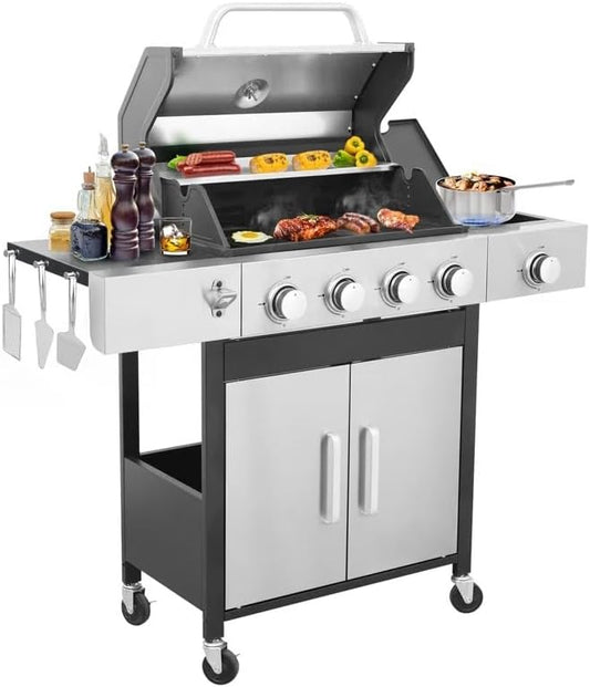 4-Burner Propane Gas Grill With Side Burner, 34,200 BTU Outdoor BBQ Grill with Stainless Steel Warming Rack & Enameled Cooking Grids – Foldable Side Tables, Built-in Thermometer – Heavy-Duty 6" Wheels