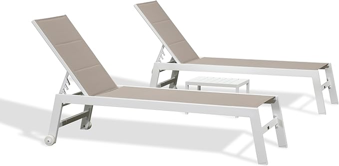 PURPLE LEAF Outdoor Chaise Lounge Set Oversize Adjustable Sunbathing Recliner Extra Wide Lounge Chairs with Side Table for Poolside Beach Outside Patio Aluminum Chaise Lounger Khaki