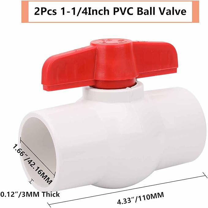 2Pcs 1-1/4" PVC Ball Valve Water Pipe Shut-off Valve Socket with Red T-Handle for Cold Water Supply lines, Irrigation Pipe fitting System(Socket x Socket), Schedule 40