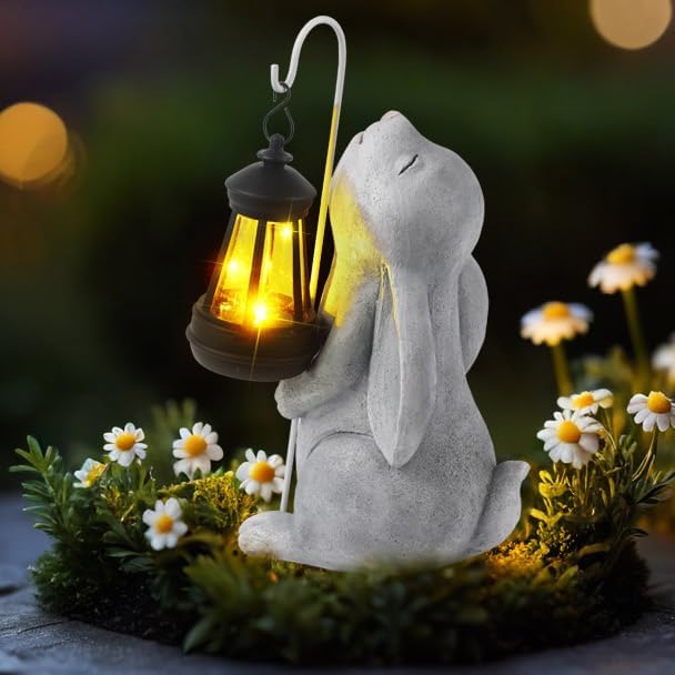 Solar Garden Outdoor Statues,Resin Rabbit Figurine Decorations with Solar Lantern, Outdoor Rabbit Art Decor for Lawn,Yard, Unique Housewarming Gift for Garden Home