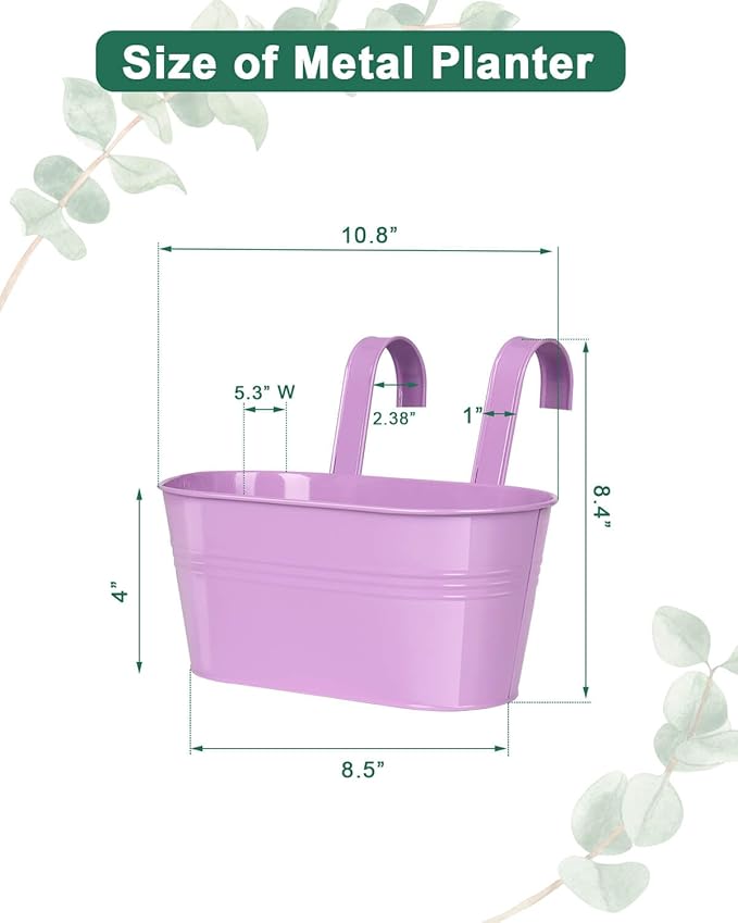 vensovo Metal Railing Planter for Outdoor Plants - 3 Pack Balcony Hanging Flower Pots with Detachable Hooks and Drain Holes Oval Bucket Rail Box Fence Planters for Home Garden Decor, Purple Pink Blue