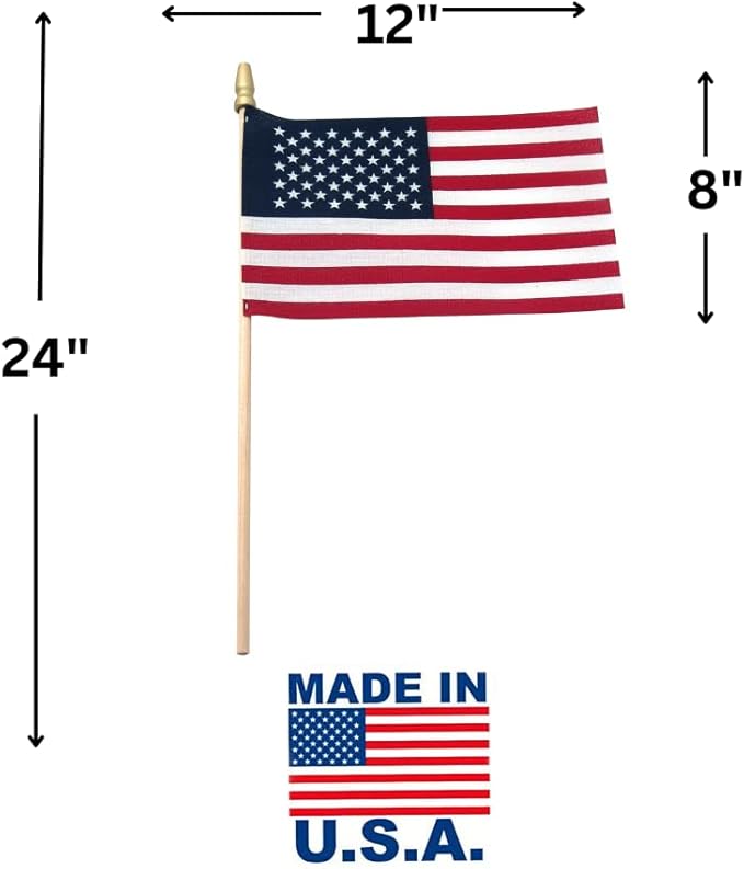 American Flags on Stick - Handheld Spearhead US Flag for 4th of July, Memorial Day Event Decorations - Patriotic Decor for Indoors & Yard - Wooden Stick, Cotton Fabric - (8"x12" -24 Pack)