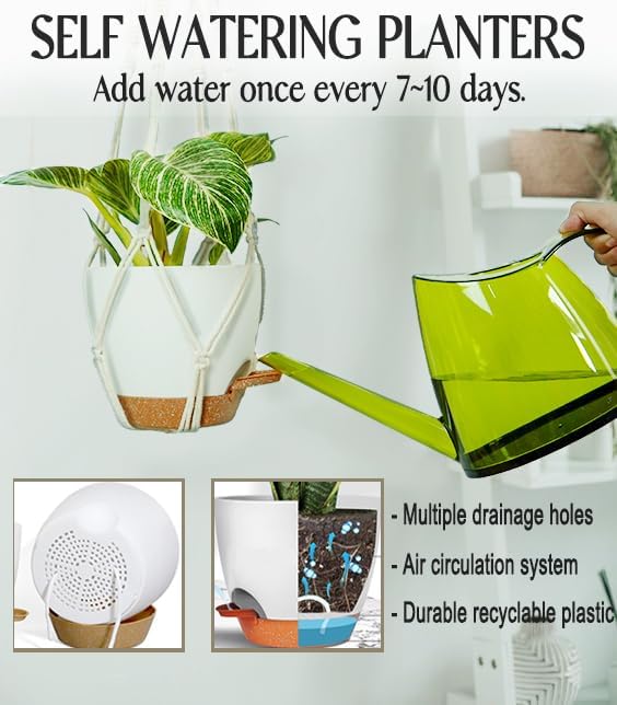 Set of 3 Hanging Planters for Indoor Plants with 10"/8"/7" Self-Watering Hanging Pots, Hanging Plant Pots with Drainage, 3 Different Size Macrame Plant Hangers with Hooks White Large