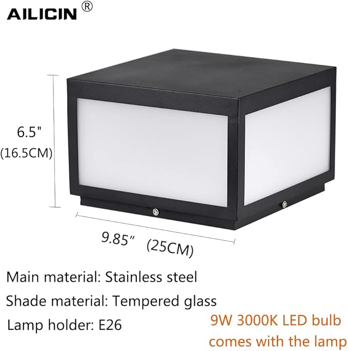 Pillar Lamp Post Light, Tempered Glass Shade，Fence Deck Cap Light Lantern Column Lamp for Flat Surface Patio Garden Decoration with IP55 Waterproof E26 LED Bulb (Electric Powered)