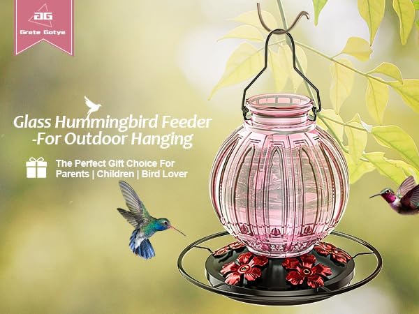 Glass Hummingbird Feeder for Outdoors Hanging, Bird Nectar Feeder with Perch & 5 Flower Feeding Ports, 26 Oz Leak Proof for Outside Garden Decor Backyard, Gifts for Women Mom, Pink
