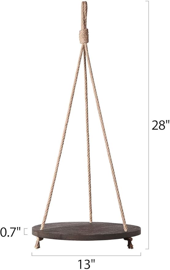 Dahey Hanging Plant Shelf Round Wood Rope Hanging Floating Shelf Vintage Home Decor Display Planter Rack for Living Room Bedroom Kitchen, Dark Brown