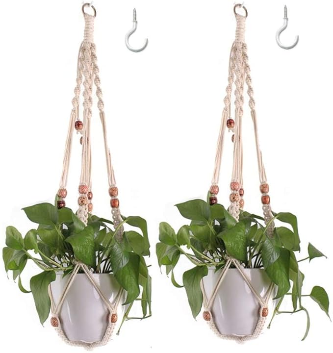 Belit Macrame Plant Hangers Indoor Outdoor 2 Pack Hanging Planters Basket with 2 Hooks Decorative Flower Pots Stand Home Decor