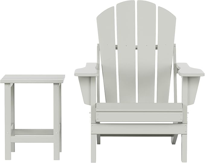 WO Home Furniture Adirondack Chair Table Set of 2 PCS Outdoor Folding Chair w Side Table Weather/UV Resistant for Lawn, Garden, Bon Fire, Balcony (Sand)