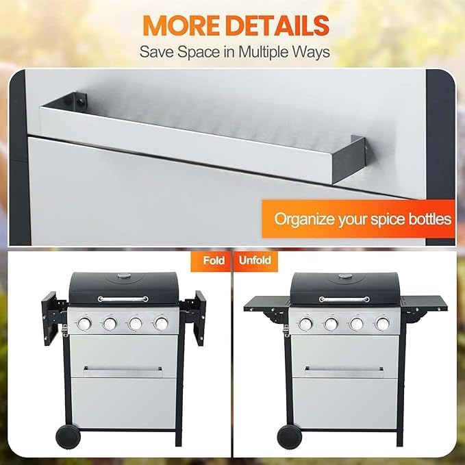 4-Burner Propane Gas Grill, 34,200 BTU Outdoor BBQ Grill with Stainless Steel Warming Rack & Enameled Cooking Grids – Foldable Side Tables, Built-in Thermometer, Hanging Basket – Heavy-Duty 6" Wheels