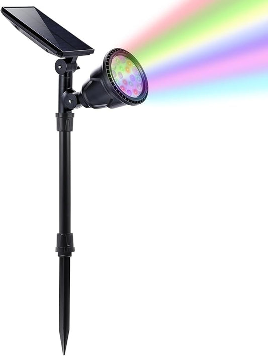 Solar Outdoor Spotlights - 18 LED, 600 Lumens, Waterproof, 7 Colors Adjustable for Year Round Patio, Garden, and Landscape Festive Lighting (1 Pack)
