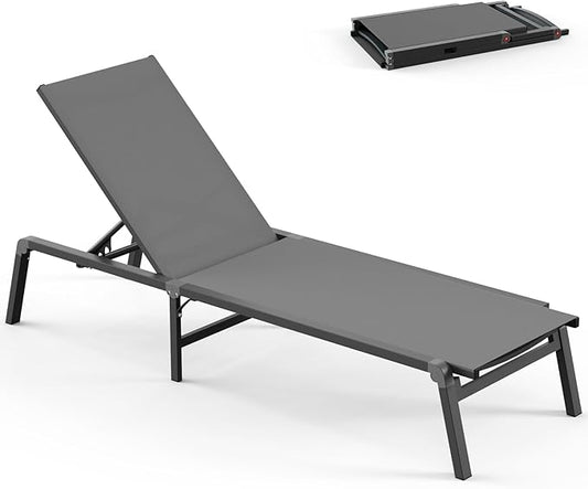 Chaise Lounge Outdoor, Foldable Aluminum Pool Lounge Chairs with 5 Positions Recliner - Free Assembly - Patio Chaise Lounge Chair for Poolside, Beach, Yard (Darkgray)