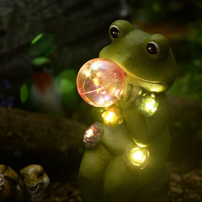 Solar Light Sitting Frog Decoration 5 Warm LEDs Light Sensor for Auto Switch On/Off Outdoor Figurine Lights Colorful IP44 Bubble Ball for Outdoor Décor Housewarming Gift Halloween(RJ-24010A)