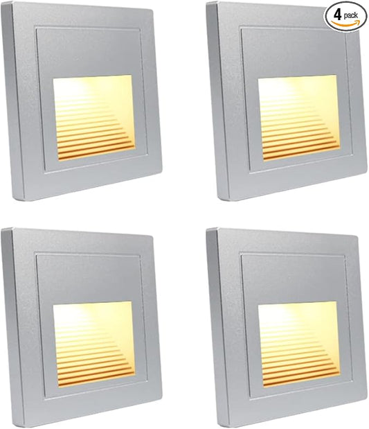 4Pcs 1.5W LED Step Light, Warm White 3000K Recessed Wall Spotlight for Staircase, Kitchen, Bedroom, Living Room, Cabinet, 110V Silver