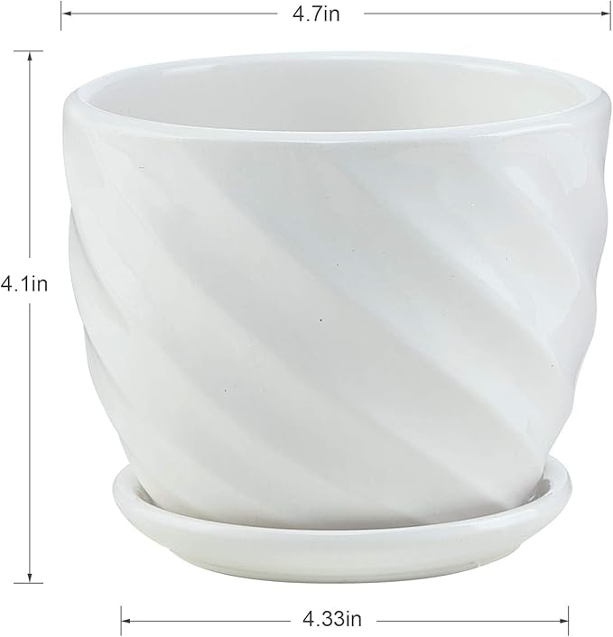 Plant Pots - 4.7 Inch Cylinder Ceramic Planters with Connected Saucer, Pots for Succuelnt and Little Snake Plants, Set of 4, White