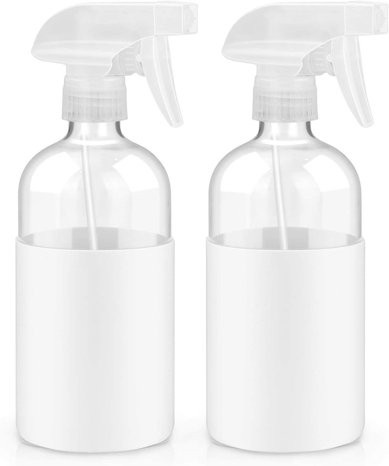 2 Pack Glass Spray Bottles with Silicone Sleeve, 16 oz Empty Refillable Containers with Adjustable Spray Nozzles, Spray Bottles for Hair, Cleaning Solutions and Plants White