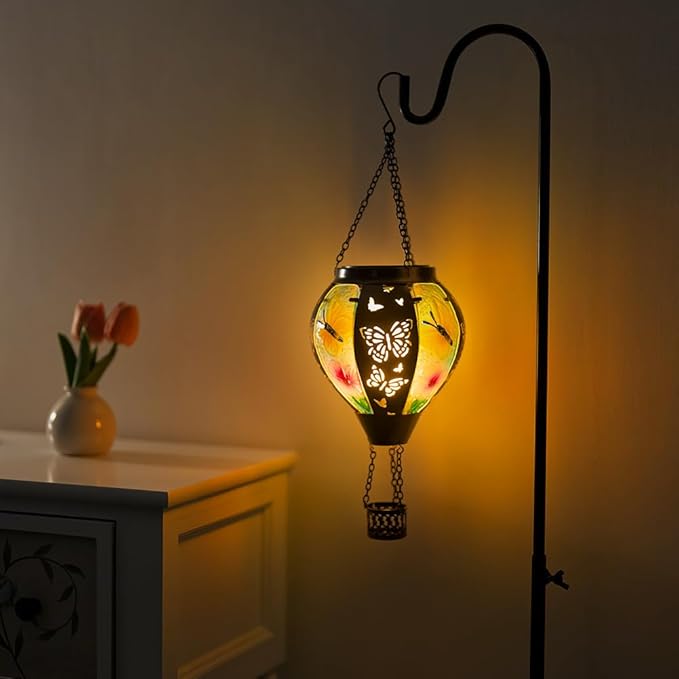 DREAMSOUL Butterfly Hot Air Balloon Solar Lantern, Glass & Metal Outdoor Lantern Hanging Solar Lanterns Outdoor Waterproof for Garden Patio Party