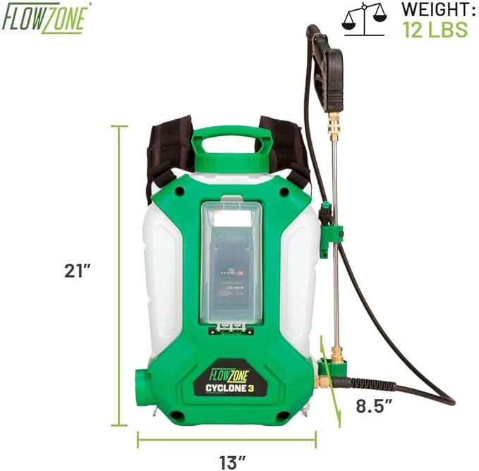 FlowZone Cyclone 3 Battery Powered Backpack Sprayer - Variable-Pressure 5-Position Electric Sprayer Compatible with FlowZone, De-Walt, Milwaukee, Makita, & Bosch Batteries (Battery Not Included)