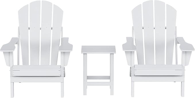 WO Home Furniture Adirondack Chairs Table Set of 3 PCS Outdoor Folding Chairs Side End Table Weather/UV Resistant for Lawn, Garden, Bon Fire, Balcony (White)
