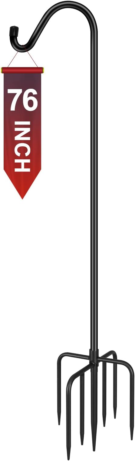 Gtongoko Adjustable Shepherds Hooks for Outdoor 76 Inch Bird Feeder Pole with 7 Prongs Base, 5/8 Inch Thick Heavy Duty for Hanging Bird Feeder, Plant Baskets,1 Pack