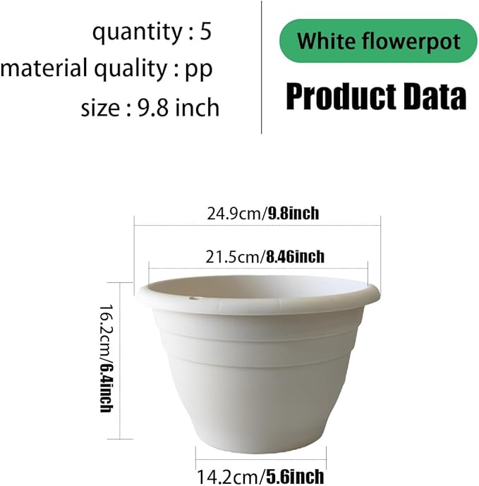 5-Pack 10 inch Garden Pots, Round Flower Pots with Drainage Holes, Thick Sturdy Traditional Plastic Planters Indoor and Outdoor(White)