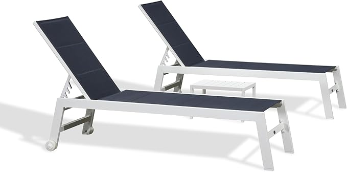 PURPLE LEAF Outdoor Chaise Lounge Set Oversize Adjustable Sunbathing Recliner Extra Wide Lounge Chairs with Side Table for Poolside Beach Outside Patio Aluminum Chaise Lounger Navy Blue