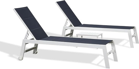 PURPLE LEAF Outdoor Chaise Lounge Set Oversize Adjustable Sunbathing Recliner Extra Wide Lounge Chairs with Side Table for Poolside Beach Outside Patio Aluminum Chaise Lounger Navy Blue