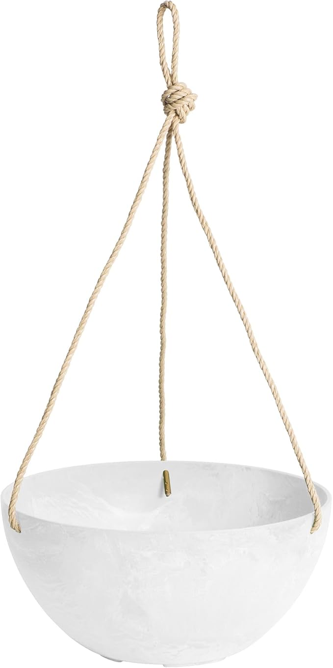 Root & Vessel Self Watering Hanging Planter for Indoor or Outdoor Plants, Unique Marbled Hanging Basket Made of Eco-Friendly Blend of Stone & Plastic, White, 10"
