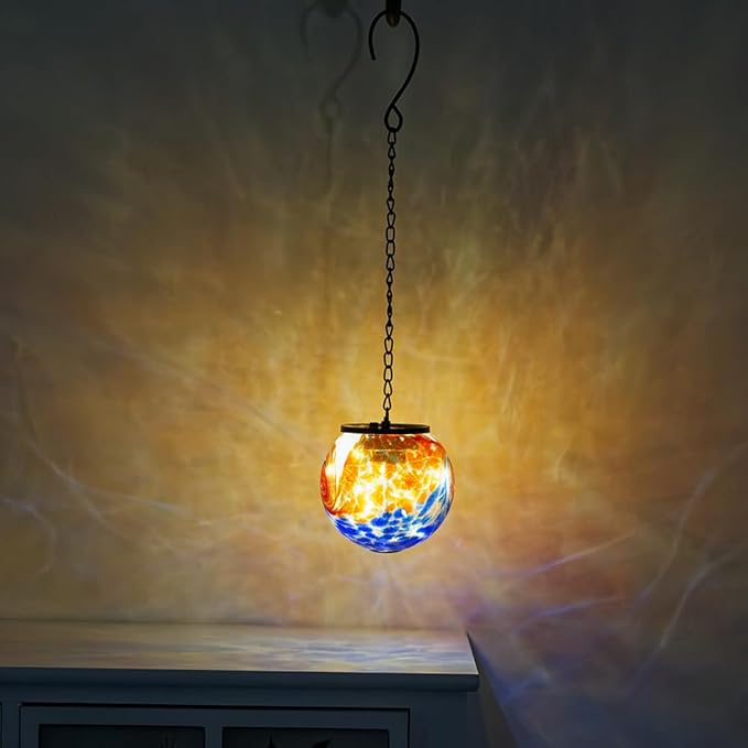 Hanging Solar Lanterns Outdoor Waterproof, Hanging Glaze Glass Solar Lantern, Gazing Ball Lantern Waterproof Decor for Yard Garden Patio