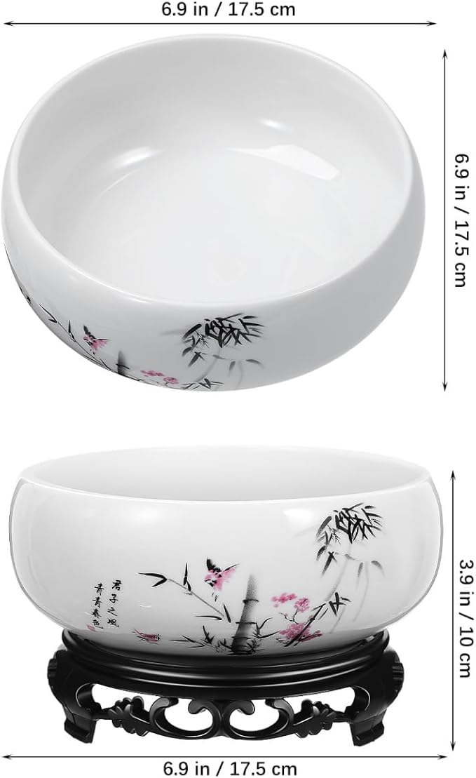 Ceramic Chinese Pot with Base Hydroponic Pot White Water Lily Bowl Ceramic Planter for Home Office Garden 7 Inch